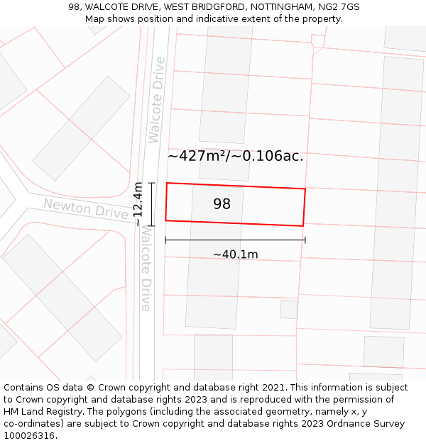 98, WALCOTE DRIVE, WEST BRIDGFORD, NOTTINGHAM, NG2 7GS: Plot and title map