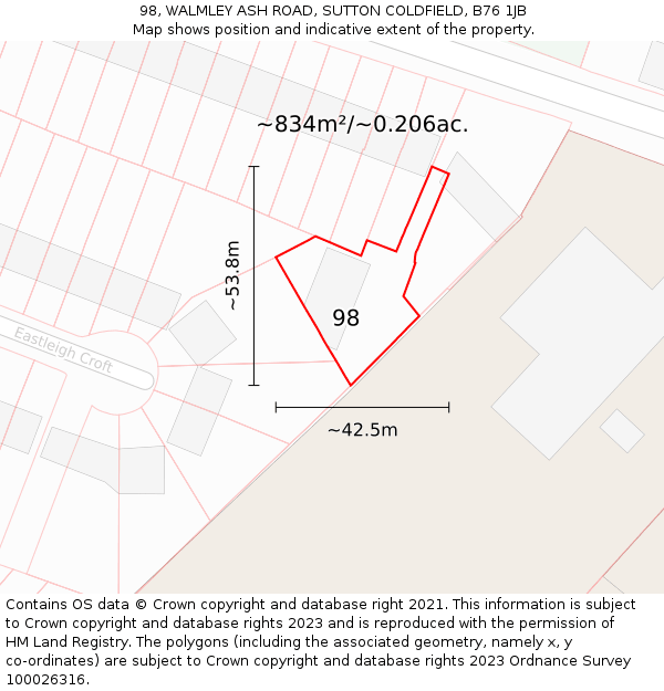 98, WALMLEY ASH ROAD, SUTTON COLDFIELD, B76 1JB: Plot and title map