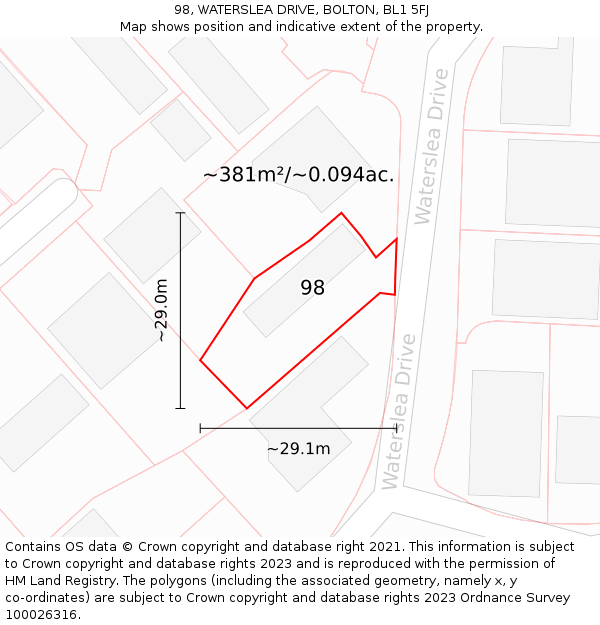 98, WATERSLEA DRIVE, BOLTON, BL1 5FJ: Plot and title map