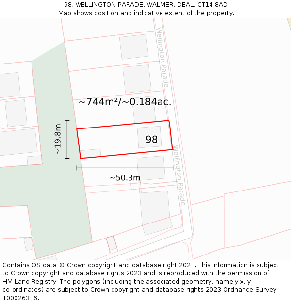 98, WELLINGTON PARADE, WALMER, DEAL, CT14 8AD: Plot and title map