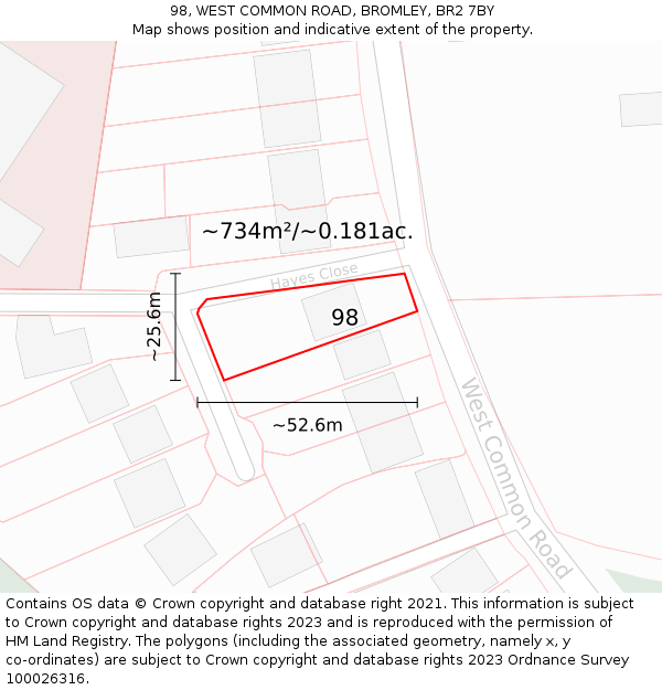 98, WEST COMMON ROAD, BROMLEY, BR2 7BY: Plot and title map