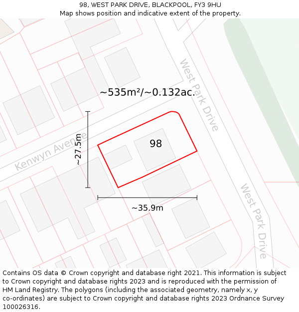 98, WEST PARK DRIVE, BLACKPOOL, FY3 9HU: Plot and title map