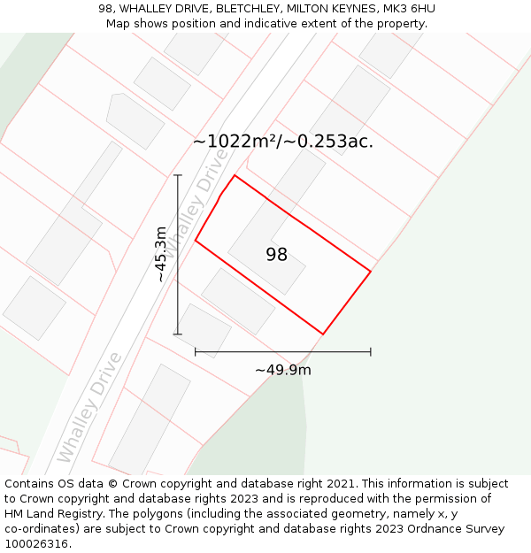 98, WHALLEY DRIVE, BLETCHLEY, MILTON KEYNES, MK3 6HU: Plot and title map