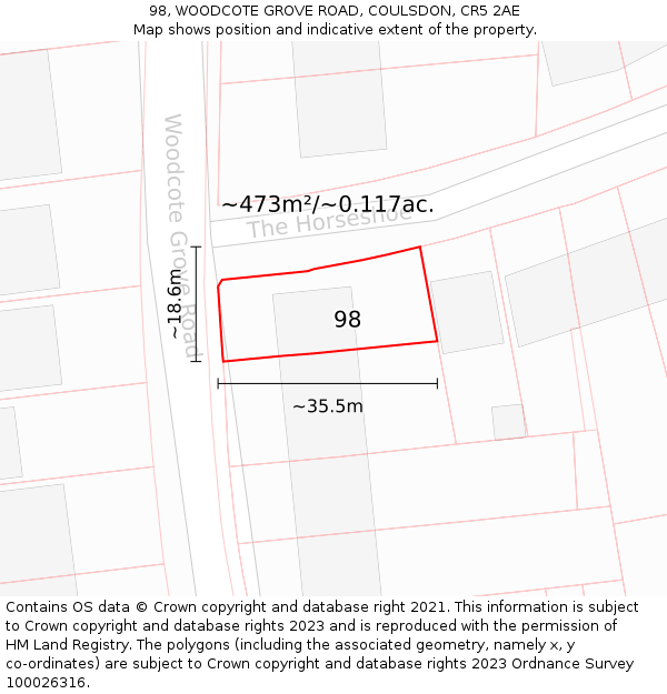 98, WOODCOTE GROVE ROAD, COULSDON, CR5 2AE: Plot and title map