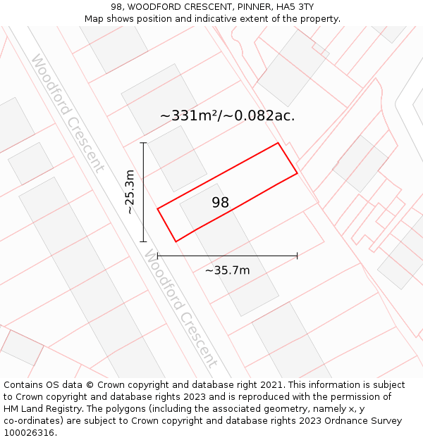 98, WOODFORD CRESCENT, PINNER, HA5 3TY: Plot and title map