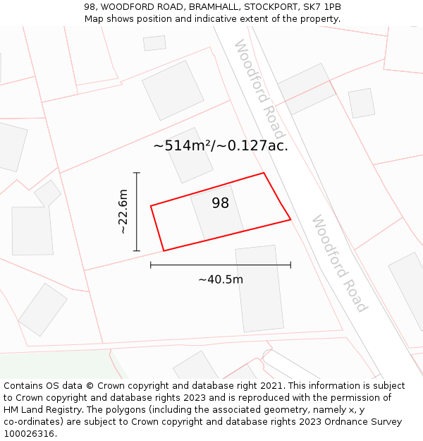 98, WOODFORD ROAD, BRAMHALL, STOCKPORT, SK7 1PB: Plot and title map