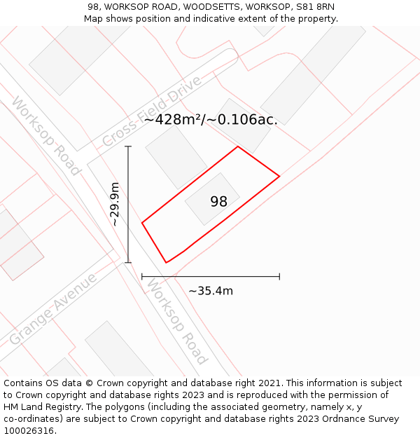 98, WORKSOP ROAD, WOODSETTS, WORKSOP, S81 8RN: Plot and title map