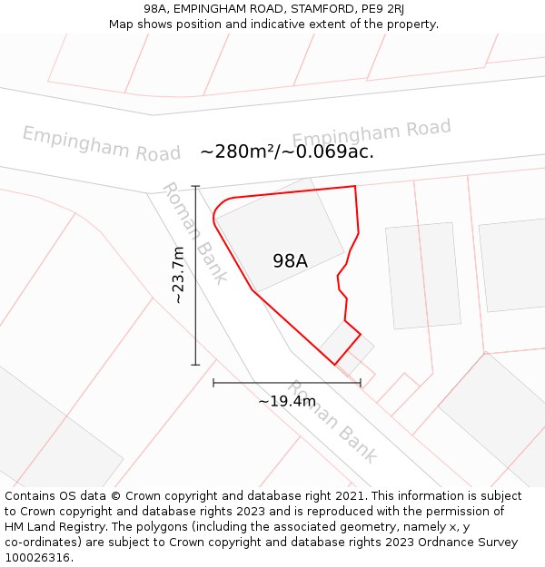 98A, EMPINGHAM ROAD, STAMFORD, PE9 2RJ: Plot and title map