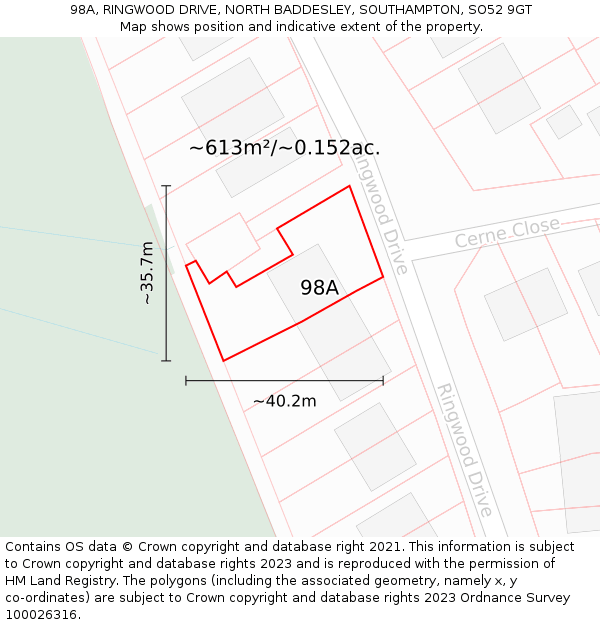 98A, RINGWOOD DRIVE, NORTH BADDESLEY, SOUTHAMPTON, SO52 9GT: Plot and title map