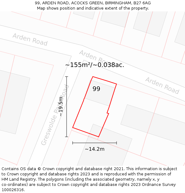 99, ARDEN ROAD, ACOCKS GREEN, BIRMINGHAM, B27 6AG: Plot and title map