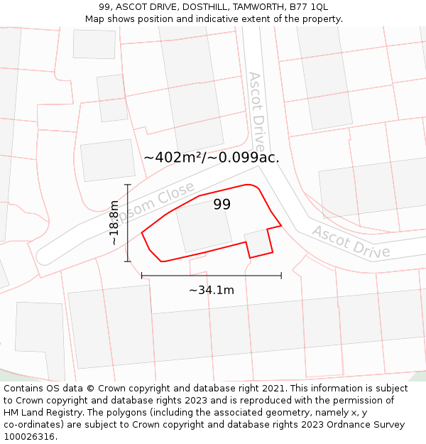 99, ASCOT DRIVE, DOSTHILL, TAMWORTH, B77 1QL: Plot and title map