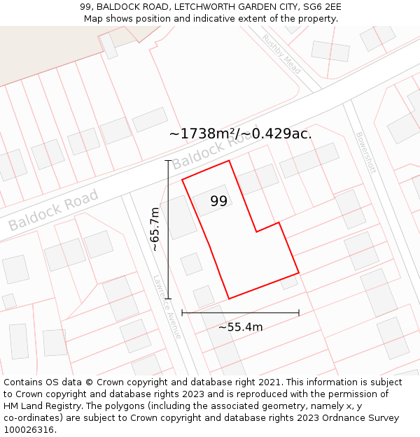 99, BALDOCK ROAD, LETCHWORTH GARDEN CITY, SG6 2EE: Plot and title map