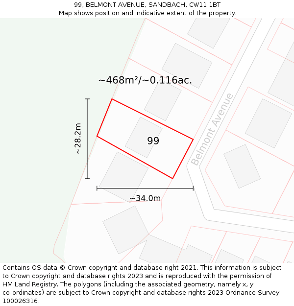 99, BELMONT AVENUE, SANDBACH, CW11 1BT: Plot and title map