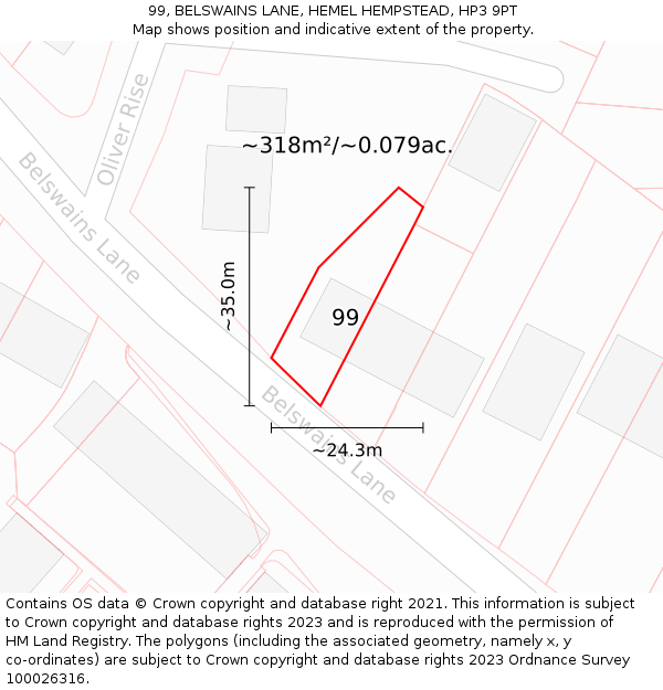 99, BELSWAINS LANE, HEMEL HEMPSTEAD, HP3 9PT: Plot and title map