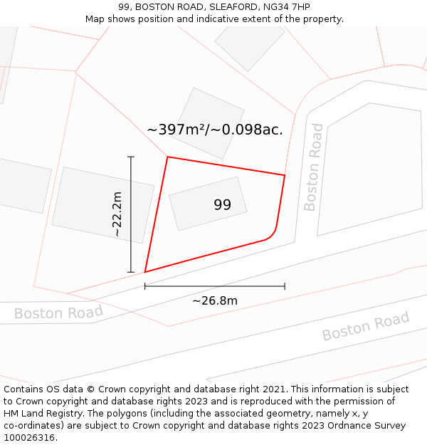 99, BOSTON ROAD, SLEAFORD, NG34 7HP: Plot and title map