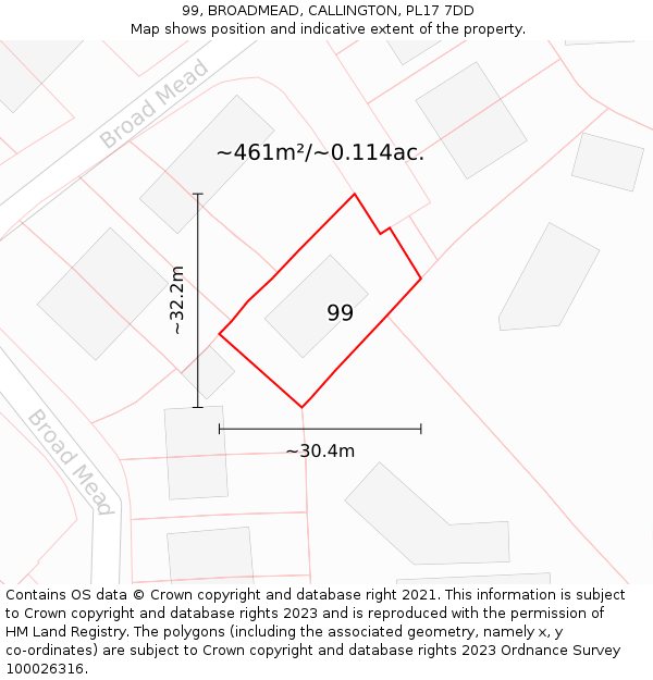 99, BROADMEAD, CALLINGTON, PL17 7DD: Plot and title map