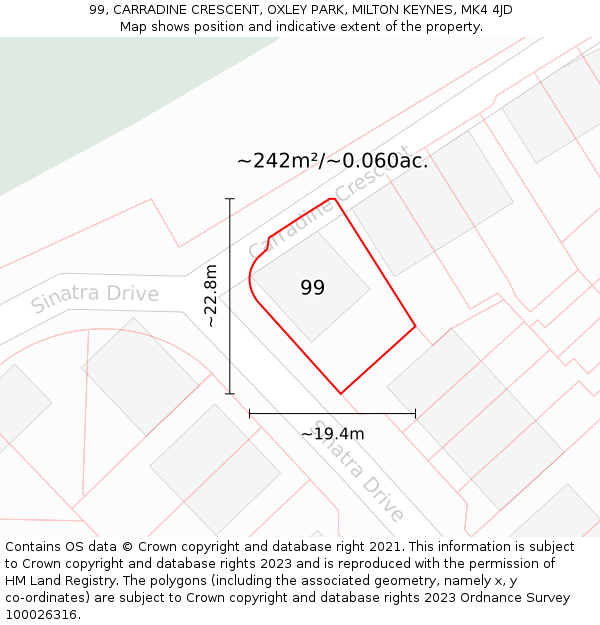 99, CARRADINE CRESCENT, OXLEY PARK, MILTON KEYNES, MK4 4JD: Plot and title map