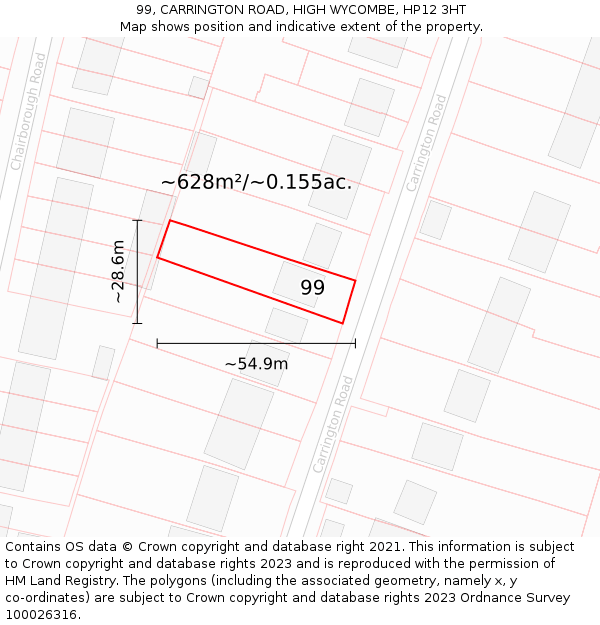 99, CARRINGTON ROAD, HIGH WYCOMBE, HP12 3HT: Plot and title map