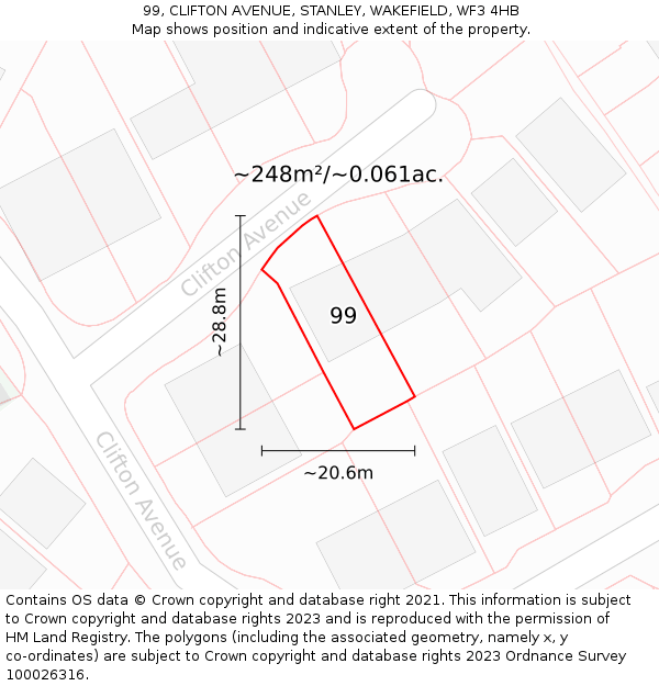 99, CLIFTON AVENUE, STANLEY, WAKEFIELD, WF3 4HB: Plot and title map