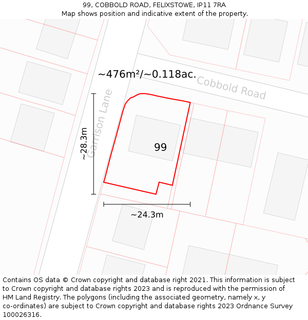 99, COBBOLD ROAD, FELIXSTOWE, IP11 7RA: Plot and title map