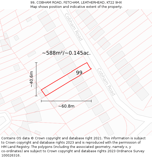 99, COBHAM ROAD, FETCHAM, LEATHERHEAD, KT22 9HX: Plot and title map