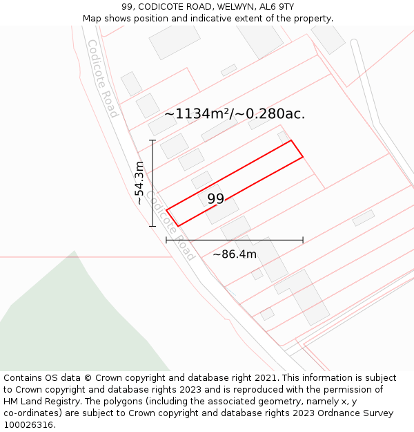 99, CODICOTE ROAD, WELWYN, AL6 9TY: Plot and title map