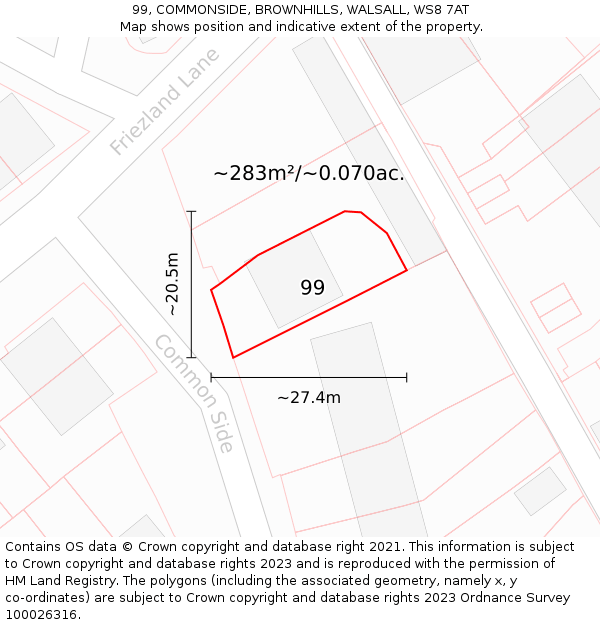 99, COMMONSIDE, BROWNHILLS, WALSALL, WS8 7AT: Plot and title map