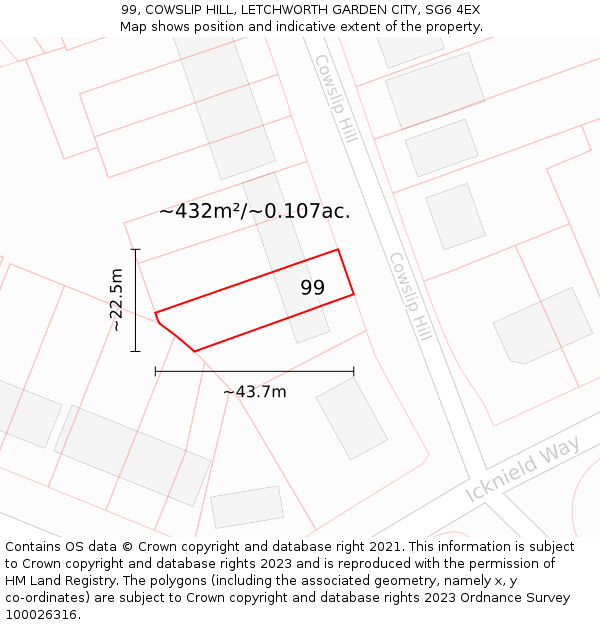 99, COWSLIP HILL, LETCHWORTH GARDEN CITY, SG6 4EX: Plot and title map