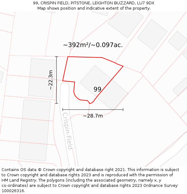 99, CRISPIN FIELD, PITSTONE, LEIGHTON BUZZARD, LU7 9DX: Plot and title map