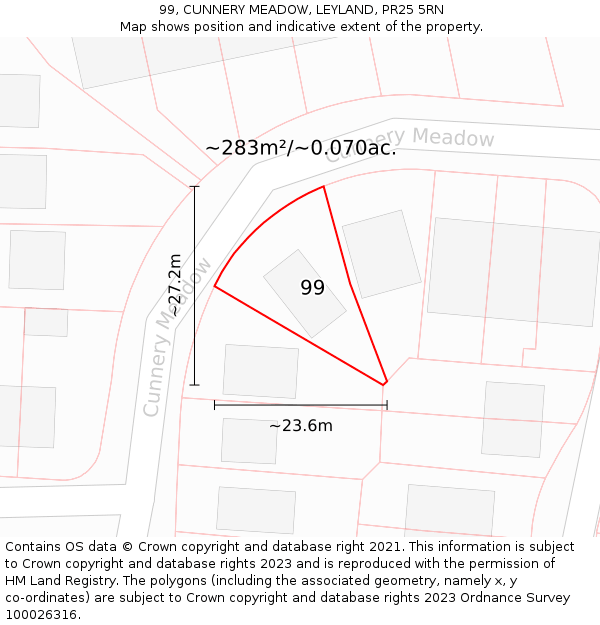 99, CUNNERY MEADOW, LEYLAND, PR25 5RN: Plot and title map
