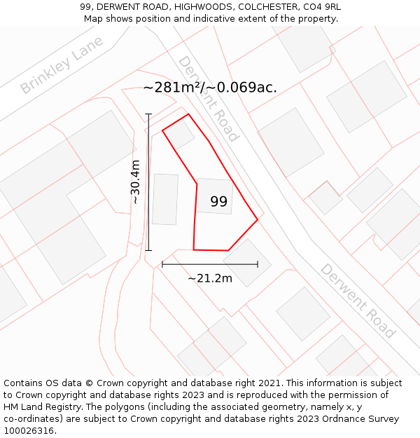 99, DERWENT ROAD, HIGHWOODS, COLCHESTER, CO4 9RL: Plot and title map