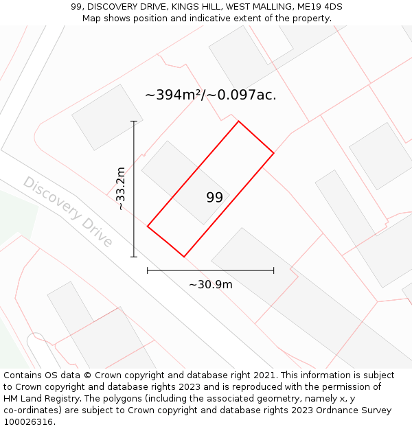 99, DISCOVERY DRIVE, KINGS HILL, WEST MALLING, ME19 4DS: Plot and title map