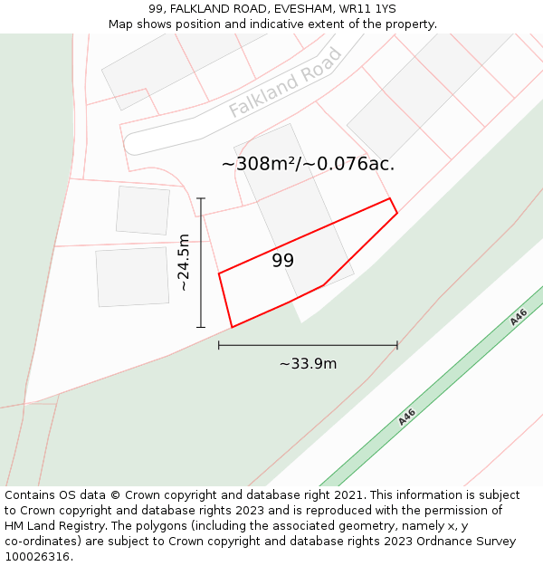 99, FALKLAND ROAD, EVESHAM, WR11 1YS: Plot and title map