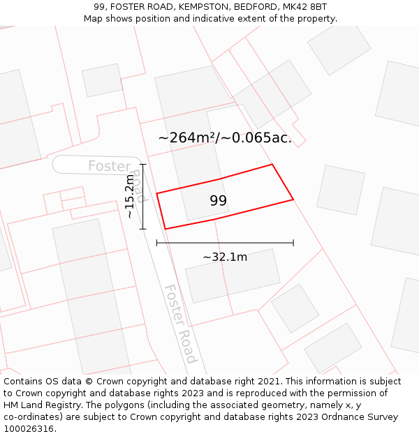 99, FOSTER ROAD, KEMPSTON, BEDFORD, MK42 8BT: Plot and title map