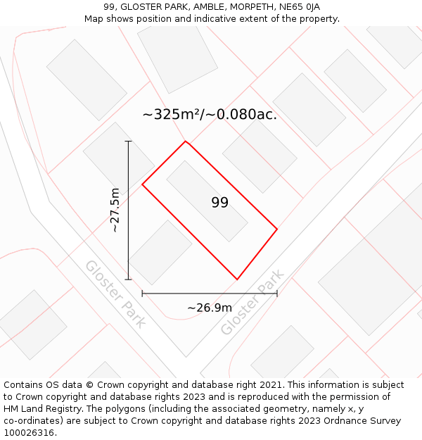 99, GLOSTER PARK, AMBLE, MORPETH, NE65 0JA: Plot and title map