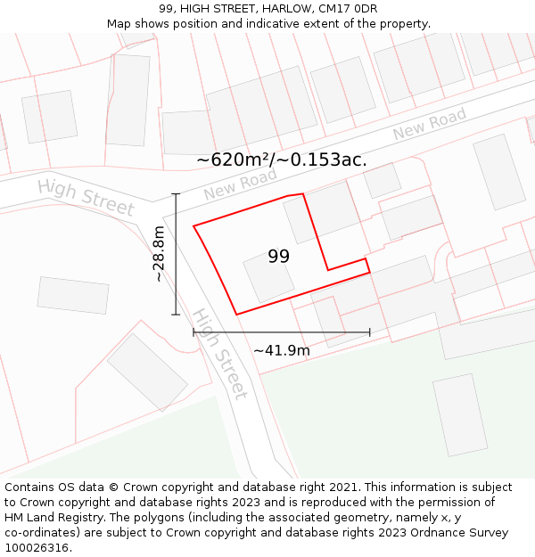 99, HIGH STREET, HARLOW, CM17 0DR: Plot and title map