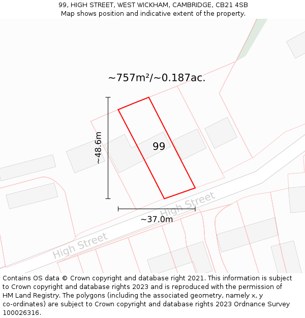 99, HIGH STREET, WEST WICKHAM, CAMBRIDGE, CB21 4SB: Plot and title map