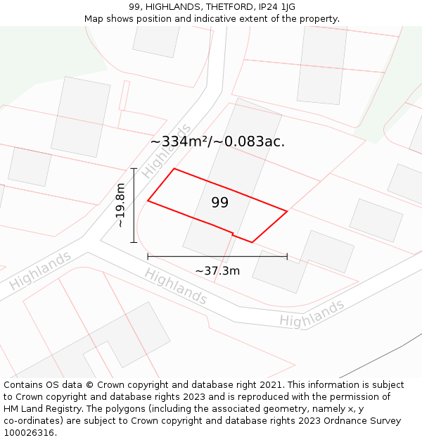 99, HIGHLANDS, THETFORD, IP24 1JG: Plot and title map