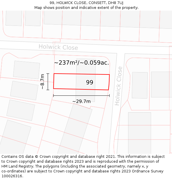 99, HOLWICK CLOSE, CONSETT, DH8 7UJ: Plot and title map