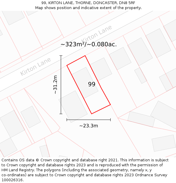 99, KIRTON LANE, THORNE, DONCASTER, DN8 5RF: Plot and title map