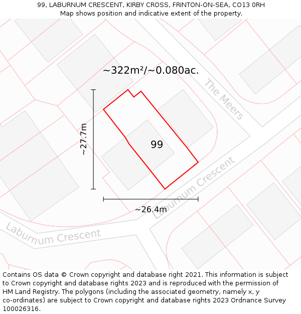 99, LABURNUM CRESCENT, KIRBY CROSS, FRINTON-ON-SEA, CO13 0RH: Plot and title map