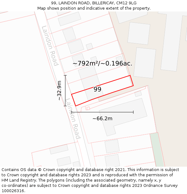 99, LAINDON ROAD, BILLERICAY, CM12 9LG: Plot and title map