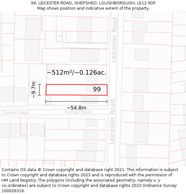 99, LEICESTER ROAD, SHEPSHED, LOUGHBOROUGH, LE12 9DF: Plot and title map