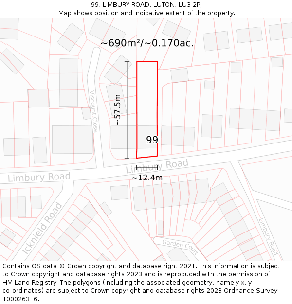 99, LIMBURY ROAD, LUTON, LU3 2PJ: Plot and title map