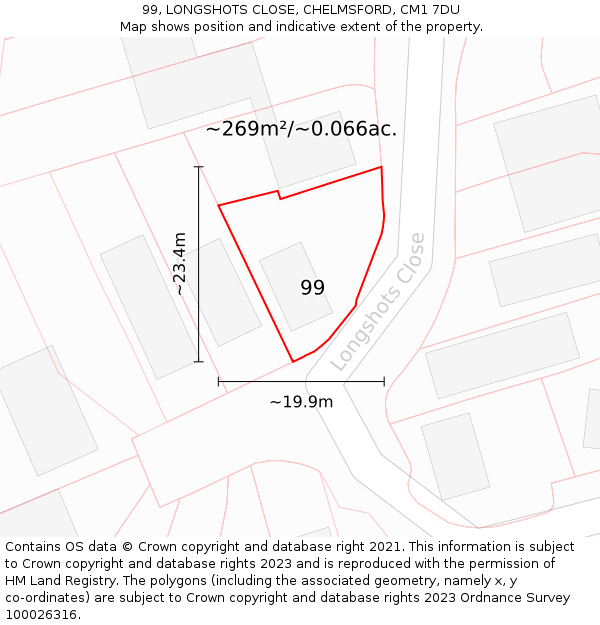 99, LONGSHOTS CLOSE, CHELMSFORD, CM1 7DU: Plot and title map