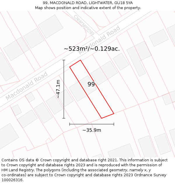 99, MACDONALD ROAD, LIGHTWATER, GU18 5YA: Plot and title map