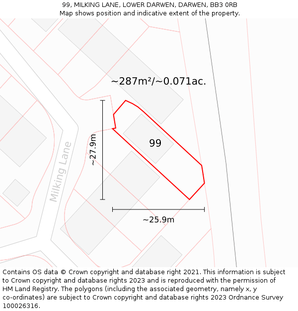 99, MILKING LANE, LOWER DARWEN, DARWEN, BB3 0RB: Plot and title map