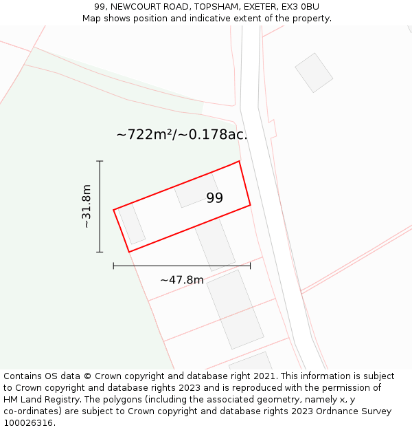 99, NEWCOURT ROAD, TOPSHAM, EXETER, EX3 0BU: Plot and title map