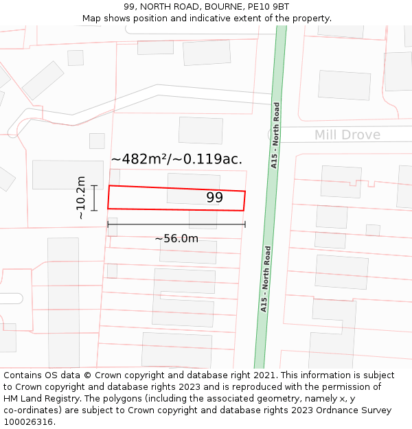 99, NORTH ROAD, BOURNE, PE10 9BT: Plot and title map