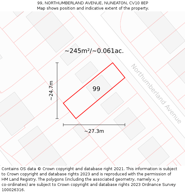 99, NORTHUMBERLAND AVENUE, NUNEATON, CV10 8EP: Plot and title map